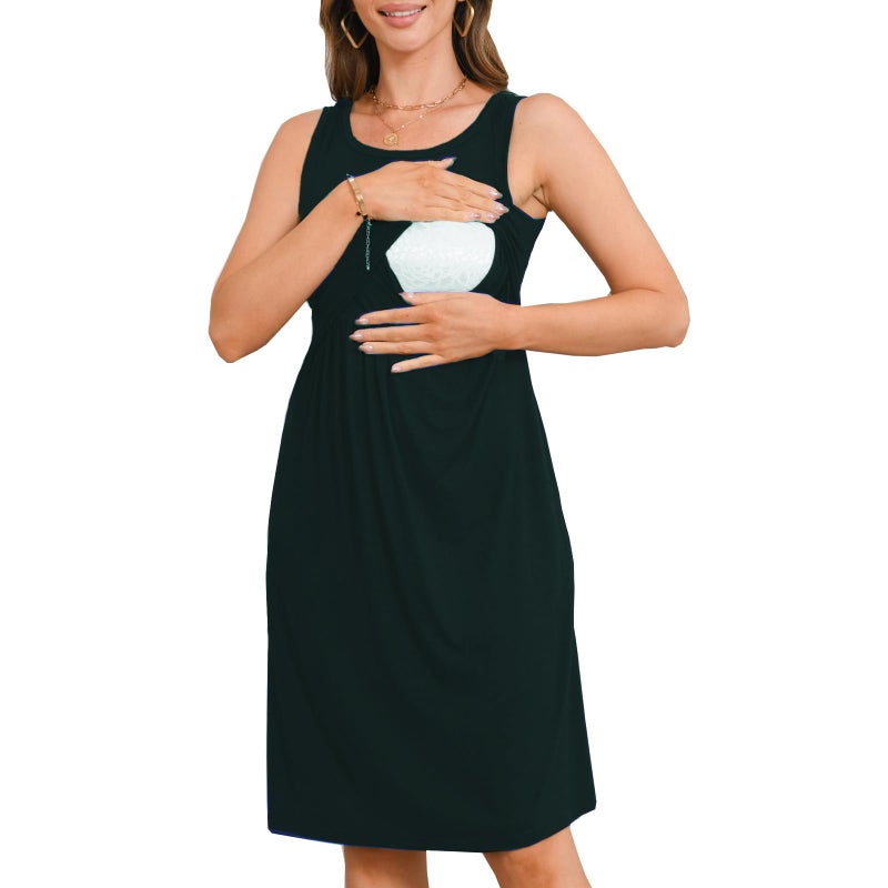 Bearsland Womens Sleeveless Maternity Dress Empire Waist Nursing Breastfeeding Dress Summer, Green, Large - Image 3